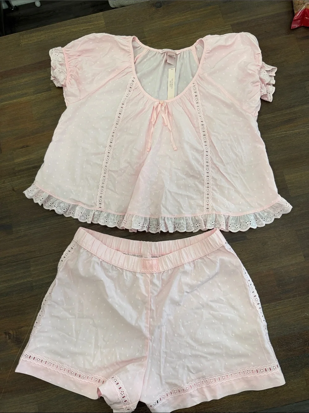 Victoria's Secret Light Pink Eyelet Cotton Sleep Set - Short Sleeve Top & Shorts - Picture 1 of 6